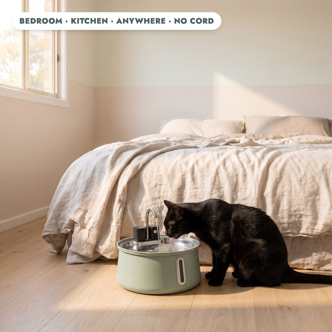 Coolabah Cordless Fountain in a bedroom, no cord needed