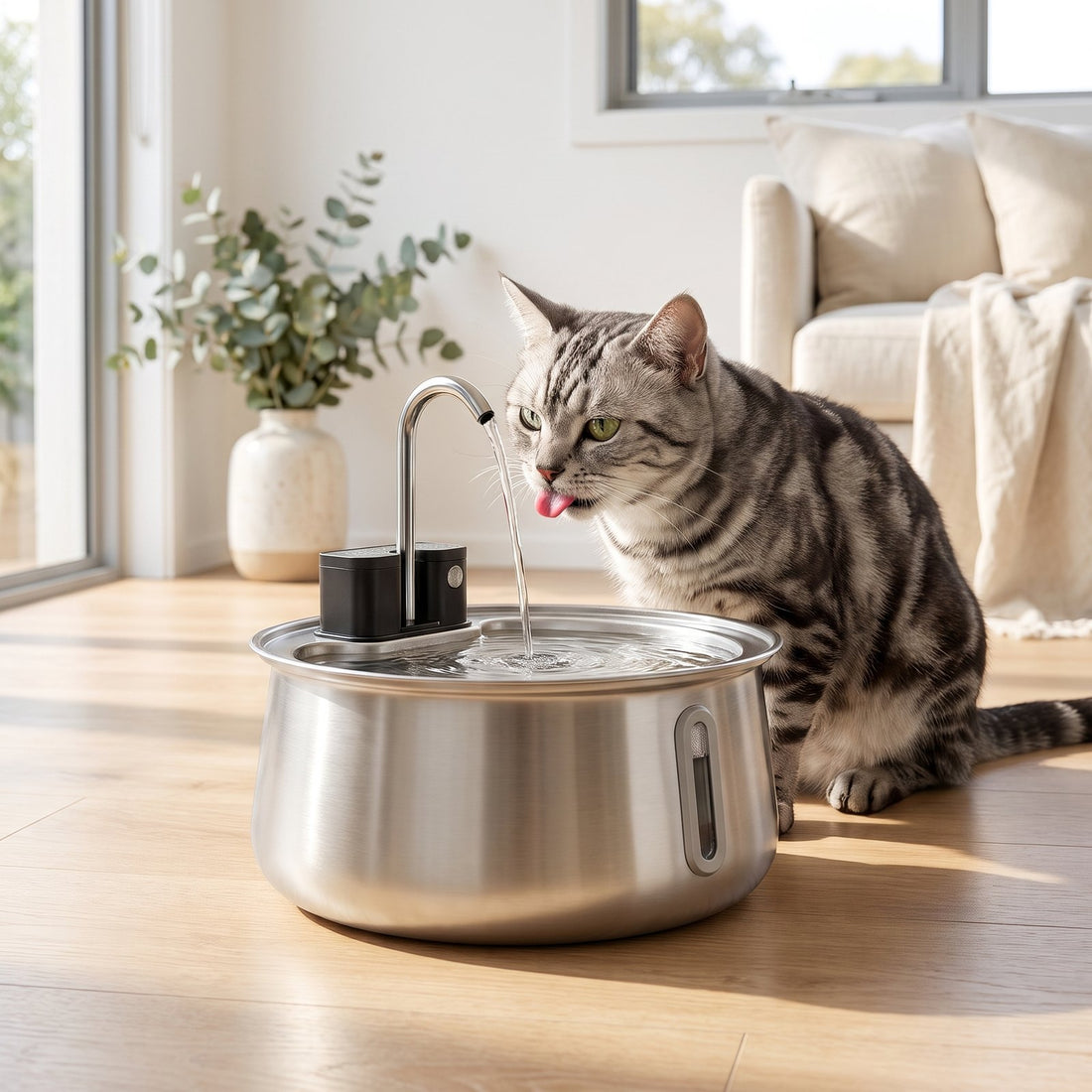 Tabby cat drinking from the Coolabah cordless fountain