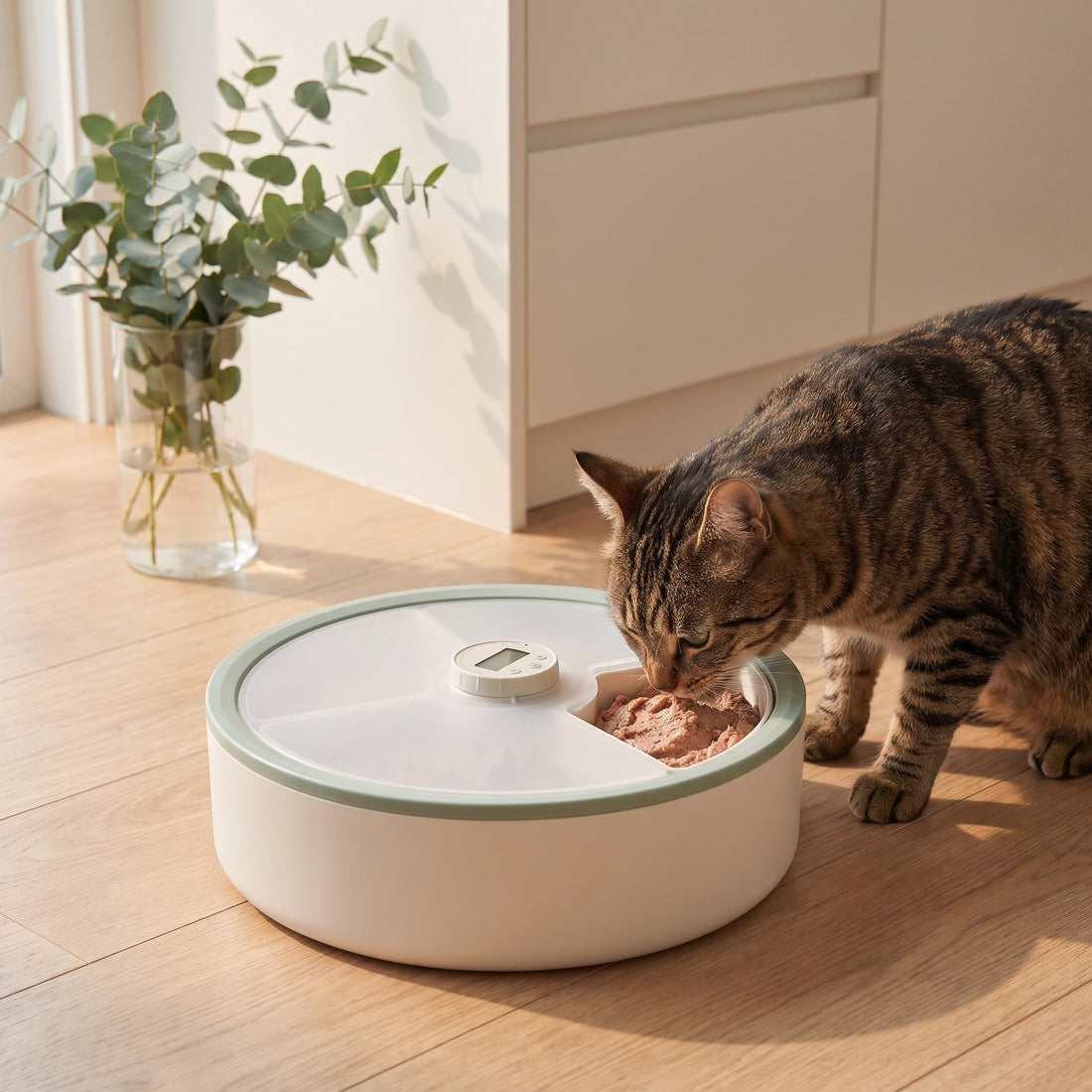 Tabby cat eating chilled wet food from the Coolabah Chilled Auto-Feeder