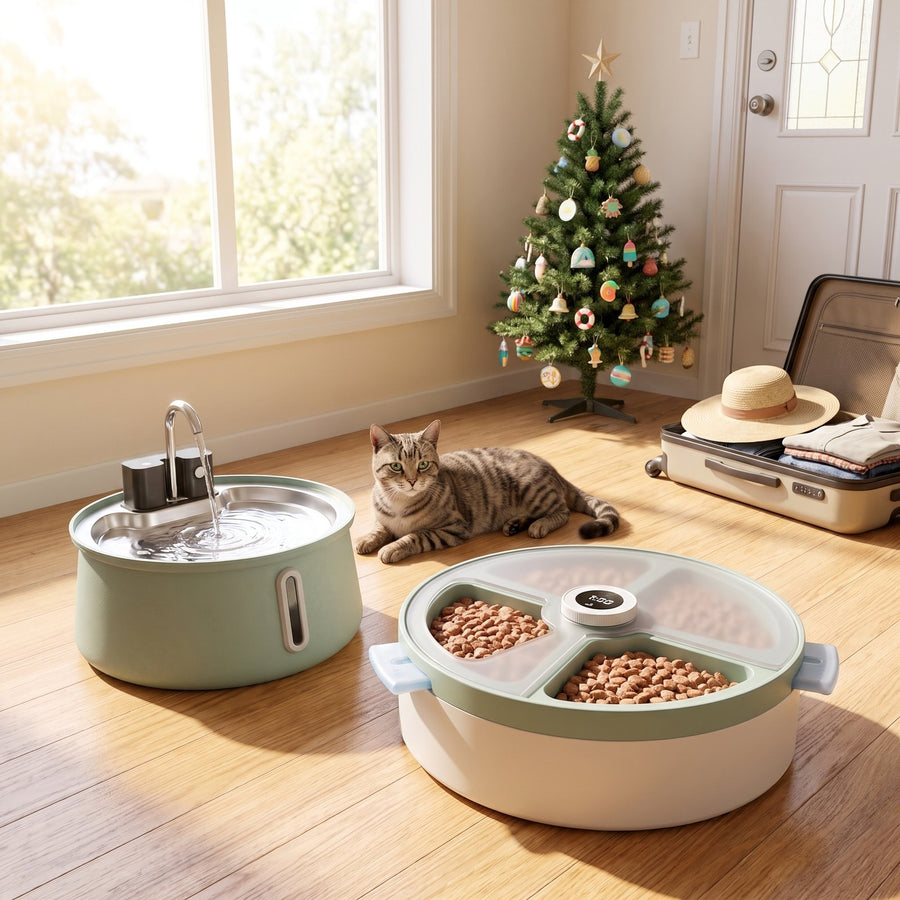 Cat home alone at Christmas with the Summer Away Kit