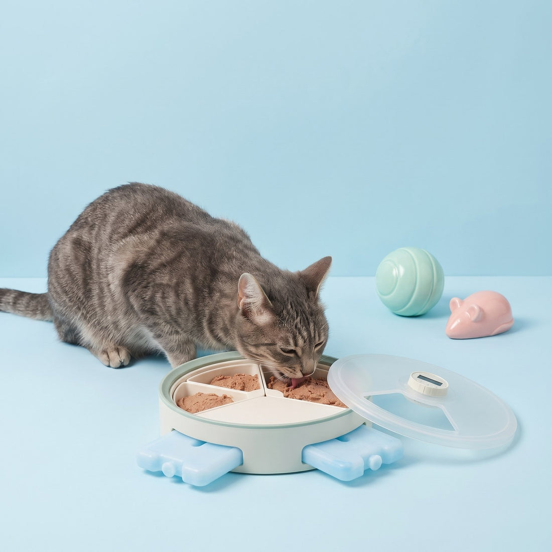 Cat eating from the chilled auto-feeder