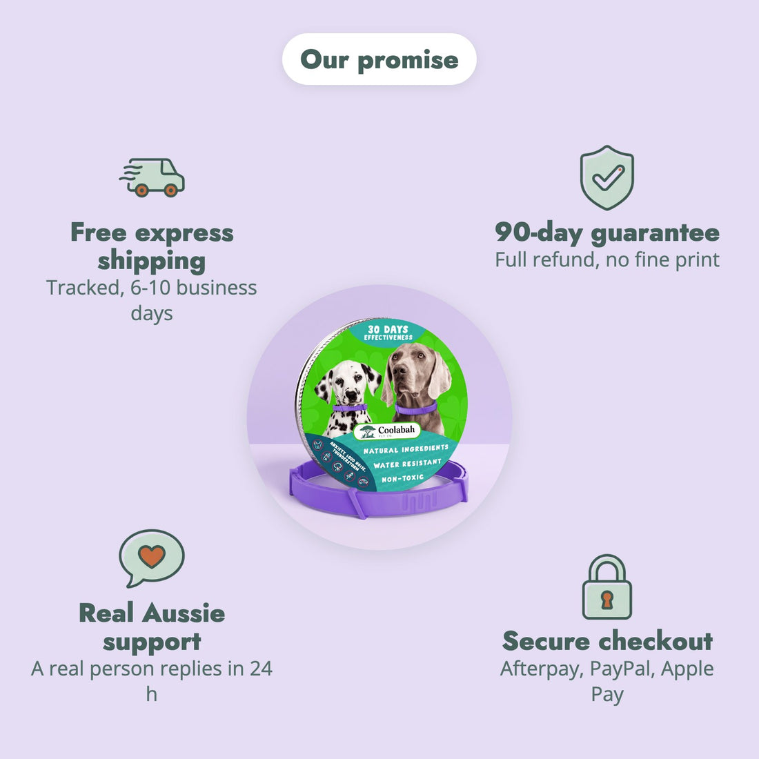 The Coolabah promise: free express shipping, 90-day money-back guarantee, real Aussie support