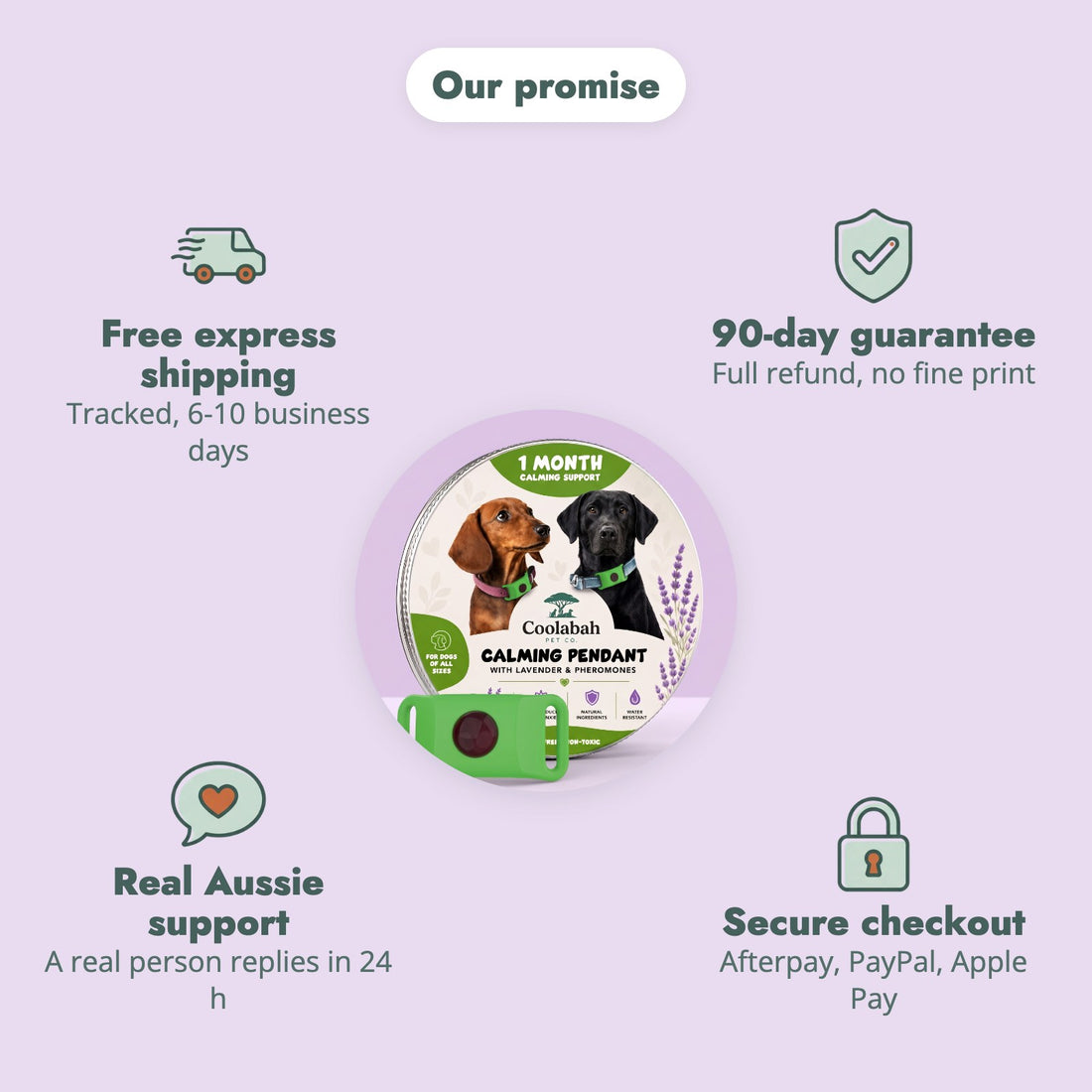 The Coolabah promise: free express shipping, 90-day money-back guarantee, real Aussie support